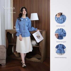 Neva Style –  Numa Blouse Denim / Top Wanita Jeans Lengan Kerut / Atasan Cewek lengan panjang Casual Modis Fashionable Outfit Simple dan Kekinian