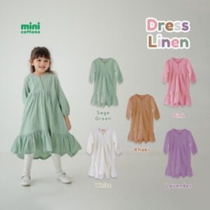 MINI COTTONS Dress Lebaran Linen Baju Anak Perempuan Lengan Panjang Gamis Tunik